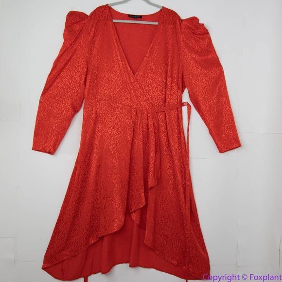 NEW Eloquii Red Leopard‎ Burnout Pattern Wrap Dress with Puff Shoulders, 26 - Picture 6 of 16